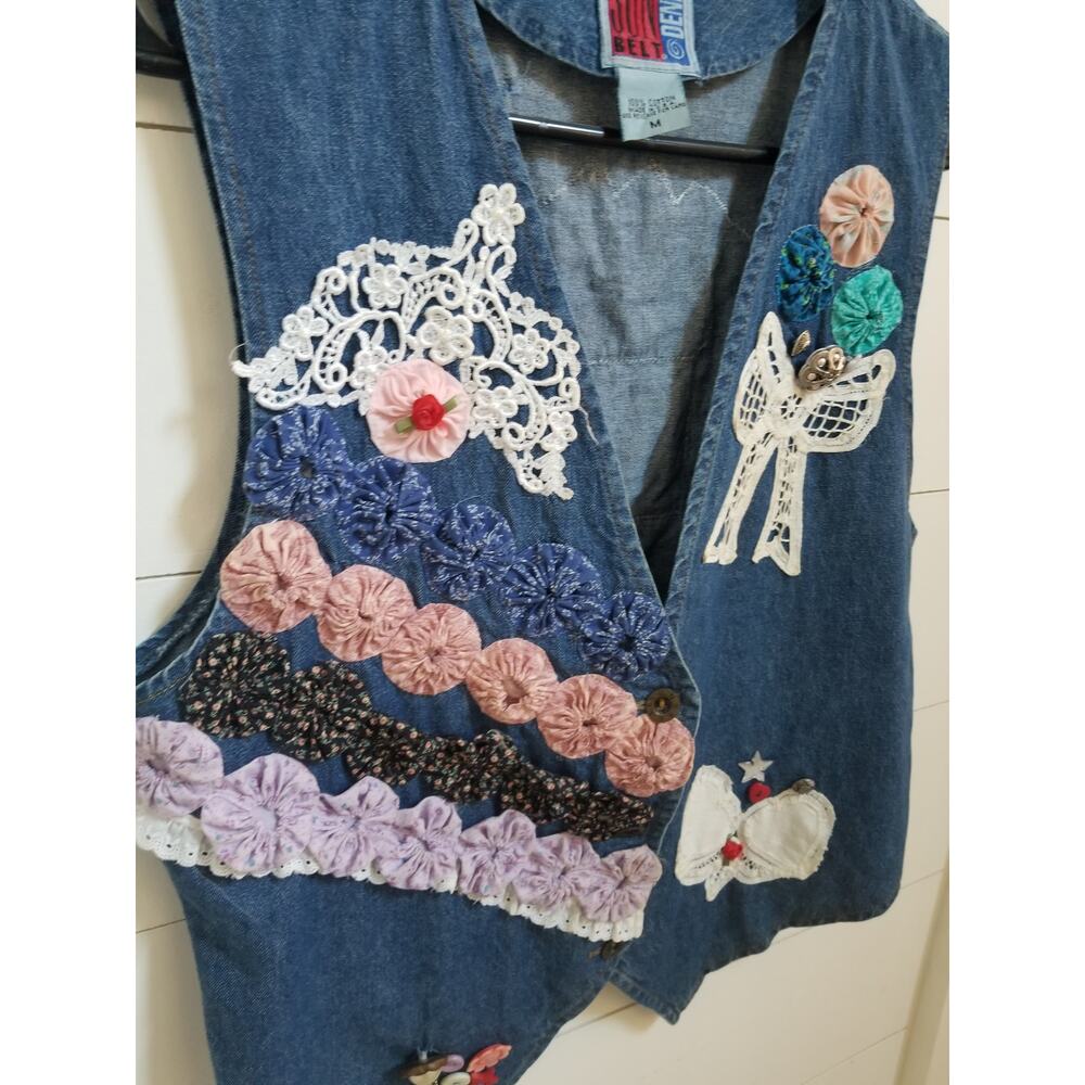 Vintage Sun Belt Denim M Vest Embroidered Cottagecore Handmade Ribbon Lace 80s